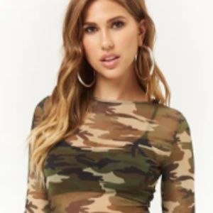 Camo Sheer Long Sleev Crop Large